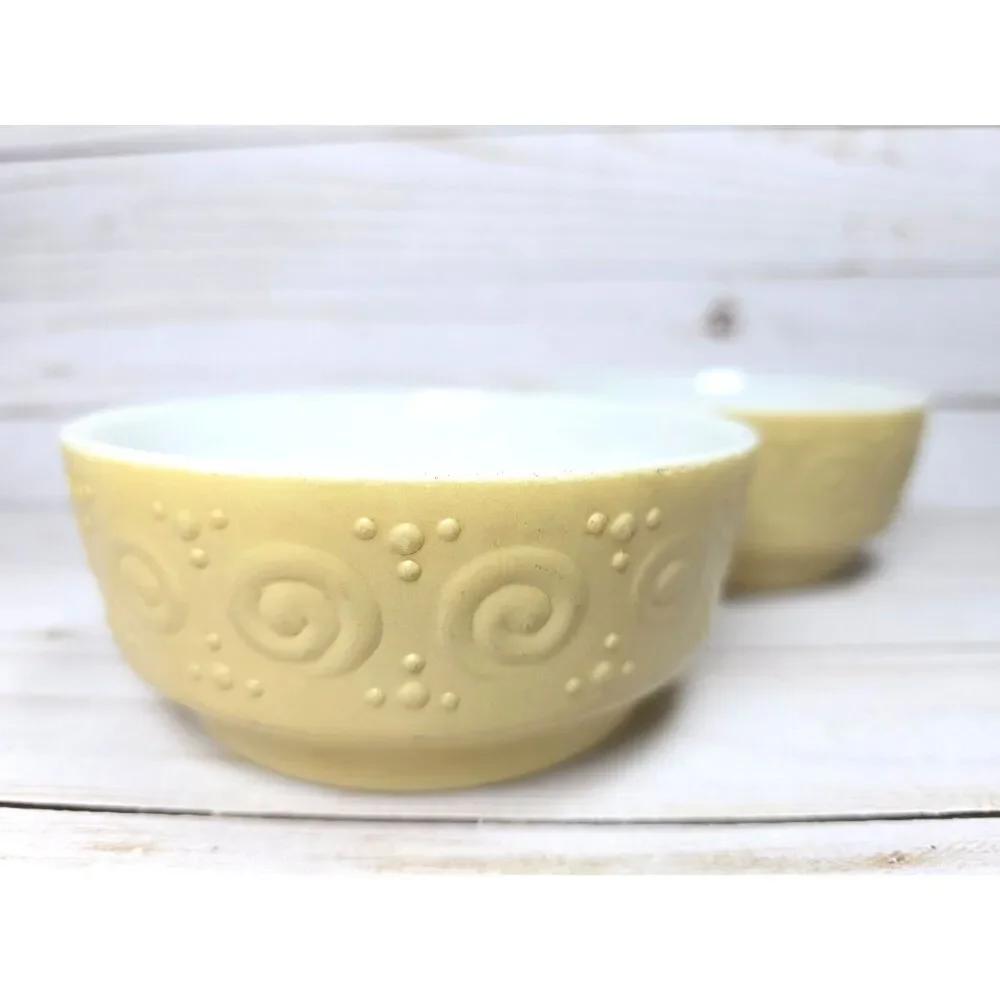 Vtg Milk Glass Berry Bowls Set 2 Textured Scroll Dot Mustard Gold 5